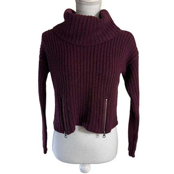Aqua Burgundy High Neck Sweater Size XS Double Size Zippers Long Sleeve Knit Top - Picture 1 of 10